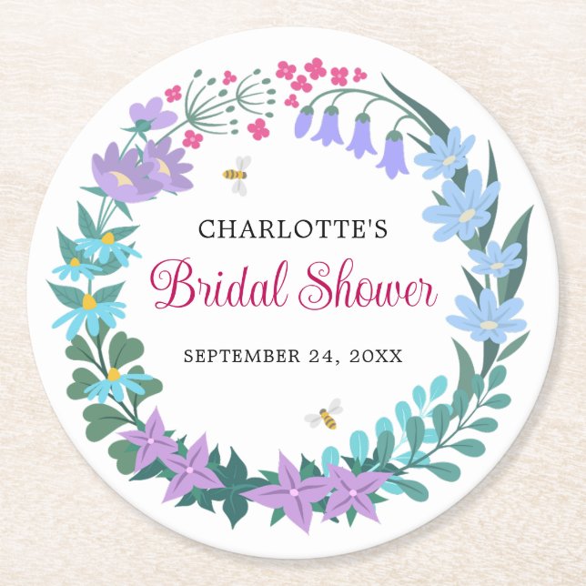 Elegant Bridal Shower Wildflowers Garland Wreath Round Paper Coaster (Front)
