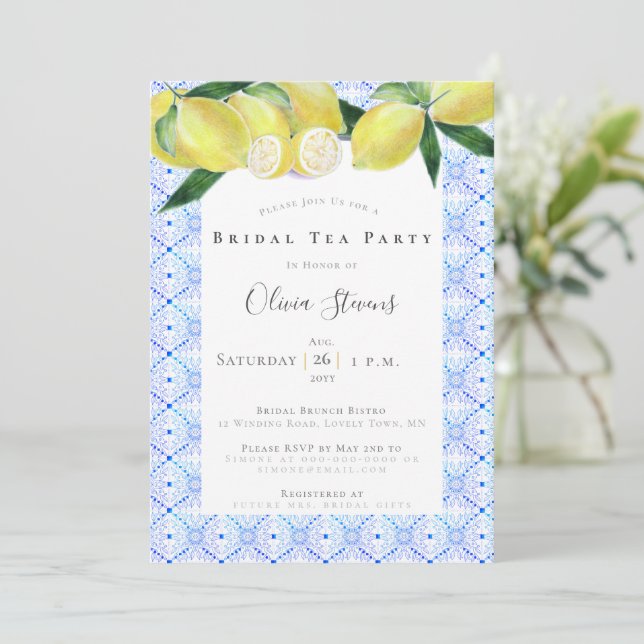Elegant Bridal Tea Party Yellow Lemons Shower Invitation (Standing Front)