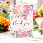 Elegant Bridal wild flowers pastel spring shower Thank You Card<br><div class="desc">Express your gratitude in style with this beautiful folded thank you card featuring a hand-painted watercolor floral design. The soft blush pink background is adorned with vibrant wildflowers in shades of peach, lavender, and magenta, creating a delicate and feminine touch. The flowing script "thank you" adds a refined elegance, making...</div>