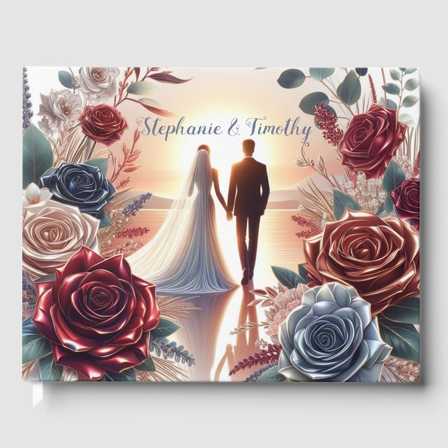 Elegant Bride and Groom at Sunset Wedding Guest Book (Front)