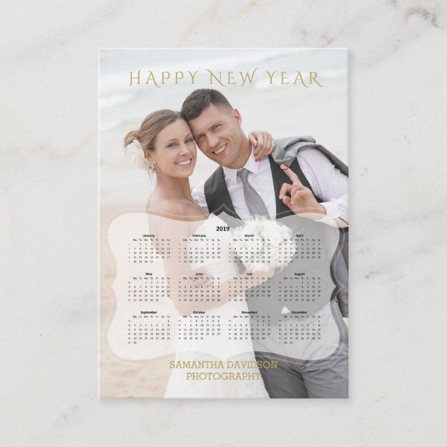 Elegant Bride and Groom Photo Mini Calendar Business Card (Front)