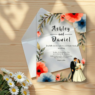 Elegant Bride And Groom Watercolor Floral Wedding Acrylic Invitations
