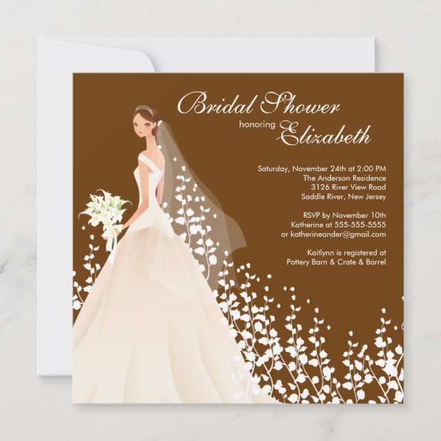 Elegant Bride Bridal Shower Invitation Brown White (Front)