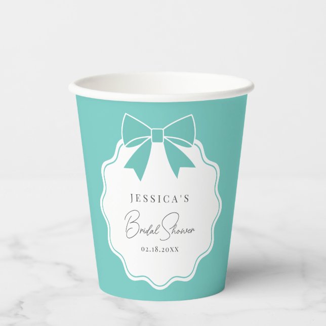 Elegant Bride & Co. Teal Blue Bow Bridal Shower Paper Cups (Front)