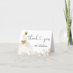 Elegant Bride Gown Dress Gold Floral Bridal Shower Thank You Card