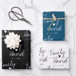 Elegant Bride Groom Names Black Blue White Wedding Wrapping Paper Sheet<br><div class="desc">Elegant Bride Groom Names Black Blue White Wedding Wrapping Paper Sheets . It is a set of 3 sheets with the names of bride and groom written in pretty script font on different coloured background . One sheet has black background , second sheet has blue background and the third sheet...</div>