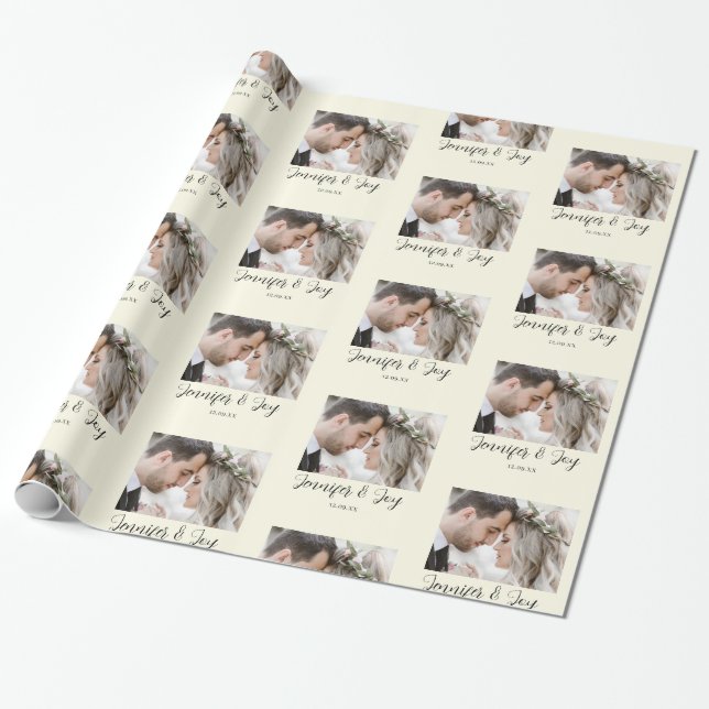 Elegant Bride & Groom Names & photo Wedding Wrapping Paper (Unrolled)