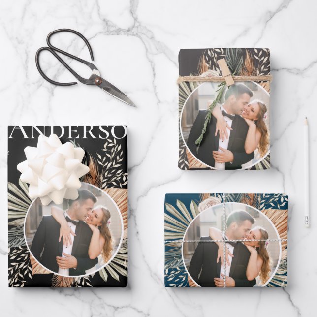 Elegant Bride & Groom Photo/Name Three Colour Wrapping Paper Sheet (Front)