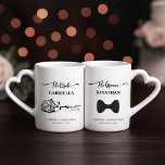 Elegant Bride & Groom Rose & Bow Tie Lovers' mug<br><div class="desc">This beautiful lover's mug set is perfect as a wedding gift or as a memento of your special day. It features a simple yet elegant black and white design boasting fancy script lettering with swashes or flourishes on the ends of the letters. Her mug reads: The Bride with her name...</div>