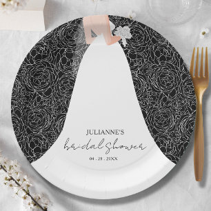 Elegant Bride on Black Bridal Shower Paper Plate
