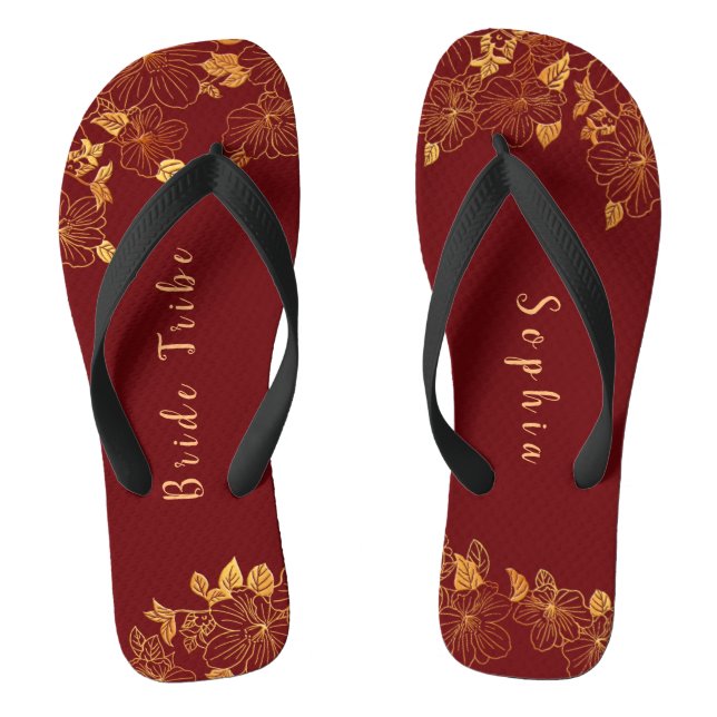 Elegant Bride Tribe Dark Burgundy & Gold Foliage  Flip Flops (Footbed)