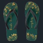 Elegant Bride Tribe Emerald Green & Gold Foliage  Flip Flops<br><div class="desc">These elegant bride tribe emerald green and gold foliage flip flops feature golden foliage pattern and modern typography on timeless dark green background. It's a beautiful gift for your bridal tribe. View the collection on this page to find matching items. ♥Customise it with your information. ♥ If you want to...</div>