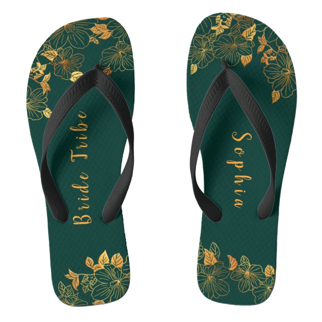 Elegant Bride Tribe Emerald Green & Gold Foliage  Flip Flops (Footbed)