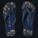 Elegant Bride Tribe Gold Foliage Navy Blue Flip Flops<br><div class="desc">These elegant bride tribe gold foliage pattern navy blue flip flops have a dark blue background that is adorned with an intricate gold floral greenery pattern and customisable modern typography. The combination of the rich navy and the shimmering gold create an elegant and luxurious aesthetic. It's a beautiful gift for...</div>