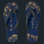 Elegant Bride Tribe Gold Foliage Navy Blue Flip Flops<br><div class="desc">These elegant bride tribe gold foliage pattern navy blue flip flops have a dark blue background that is adorned with an intricate gold floral greenery pattern and customisable modern typography. The combination of the rich navy and the shimmering gold create an elegant and luxurious aesthetic. It's a beautiful gift for...</div>