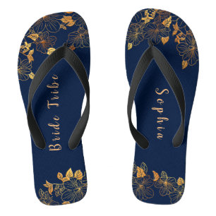 Elegant Bride Tribe Gold Foliage Navy Blue Flip Flops