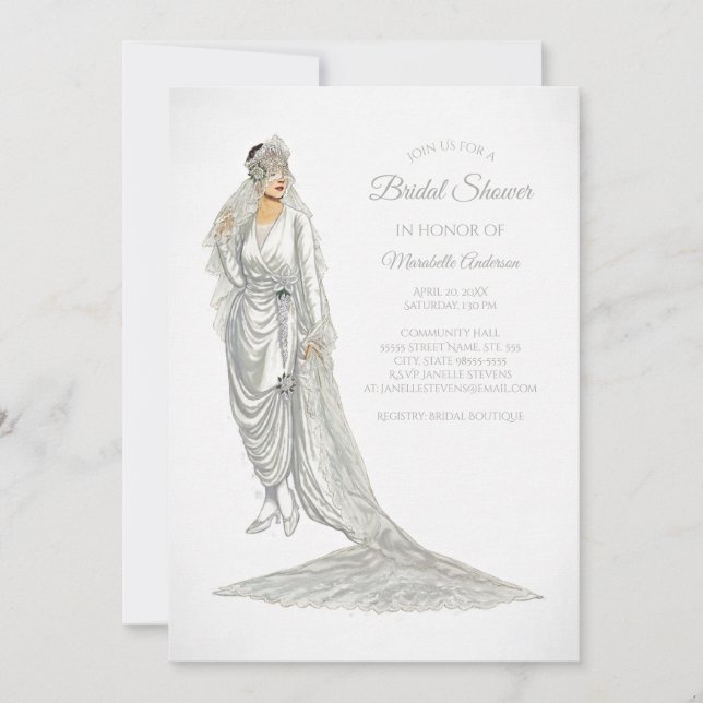 Elegant Bride Vintage Bride in White Gown Invitation (Front)
