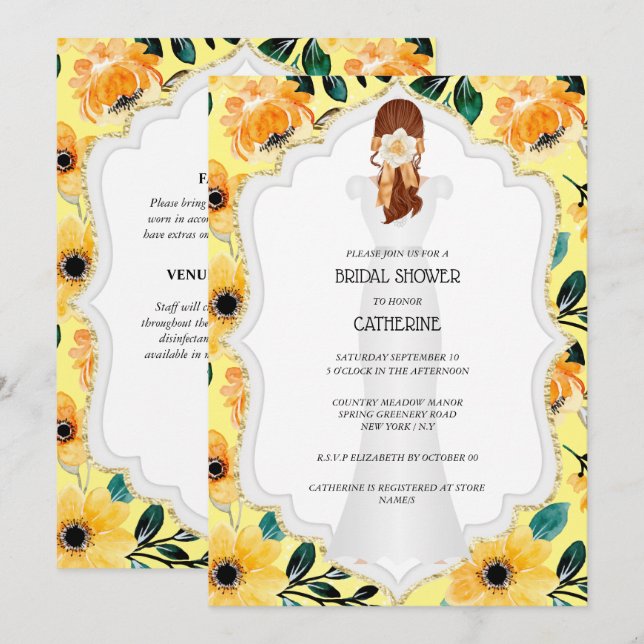 Elegant bride wedding dress floral yellow daisy  invitation (Front/Back)