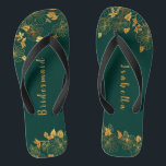 Elegant Bridesmaid Emerald Green & Gold Foliage  Flip Flops<br><div class="desc">These elegant bridesmaid emerald green and gold foliage flip flops feature golden foliage pattern and modern typography on timeless dark green background. It's a beautiful gift for your bridal party. View the collection on this page to find matching items. ♥Customise it with your information. ♥ If you want to change...</div>