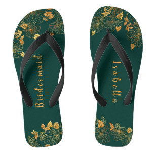 Elegant Bridesmaid Emerald Green & Gold Foliage  Flip Flops