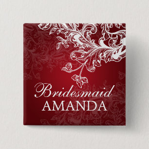 Elegant Bridesmaid Favour Vintage Swirls Red 15 Cm Square Badge