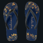 Elegant Bridesmaid Gold Floral Navy Blue Flip Flops<br><div class="desc">These elegant bridesmaid gold floral pattern navy blue flip flops have a dark blue background that is adorned with an intricate gold floral greenery pattern and customisable modern typography. The combination of the rich navy and the shimmering gold create an elegant and luxurious aesthetic. It's a beautiful gift for your...</div>
