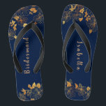 Elegant Bridesmaid Gold Floral Navy Blue Flip Flops<br><div class="desc">These elegant bridesmaid gold floral pattern navy blue flip flops have a dark blue background that is adorned with an intricate gold floral greenery pattern and customisable modern typography. The combination of the rich navy and the shimmering gold create an elegant and luxurious aesthetic. It's a beautiful gift for your...</div>