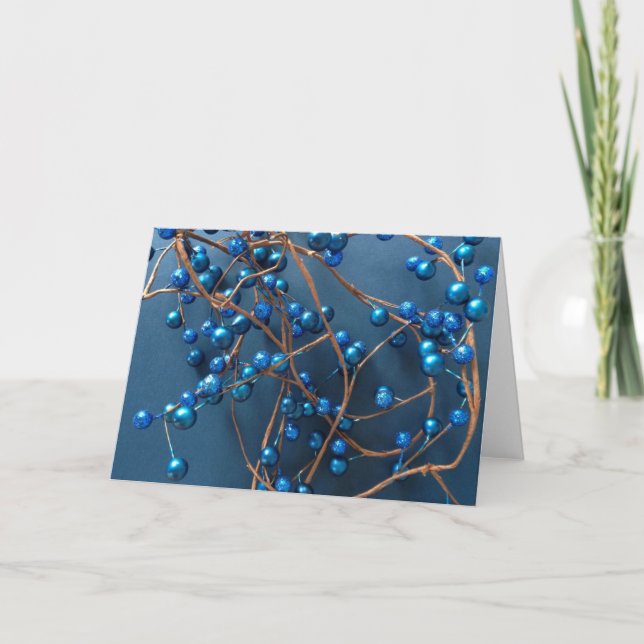 Elegant Bright Blue Christmas Winter Berries Holiday Card (Front)