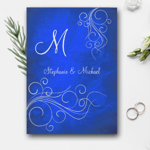Elegant Bright Blue Silver Monogram Wedding Invitation