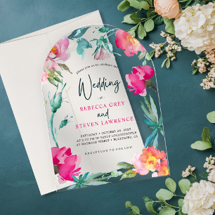 Elegant Bright Colourful Floral Arched Wedding Acrylic Invitations