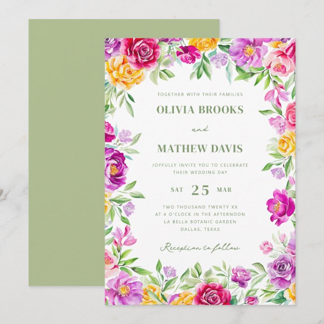 Elegant Bright Colourful Watercolor Floral Wedding Invitation (Front/Back)