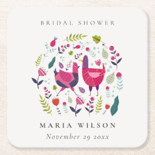 Elegant Bright Folk Farm Floral Bird Bridal Shower Square Paper Coaster