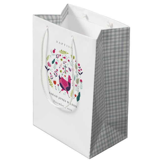 Elegant Bright Folk Farm Floral Birdie Baptism Medium Gift Bag (Back Angled)