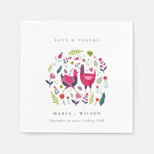 Elegant Bright Folk Farm Floral Love Birds Wedding Napkin