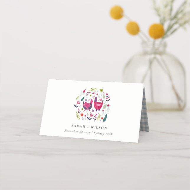 Elegant Bright Folk Farm Floral Love Birds Wedding Place Card (Front)
