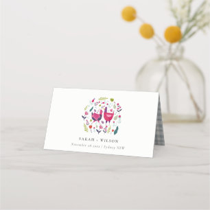 Elegant Bright Folk Farm Floral Love Birds Wedding Place Card