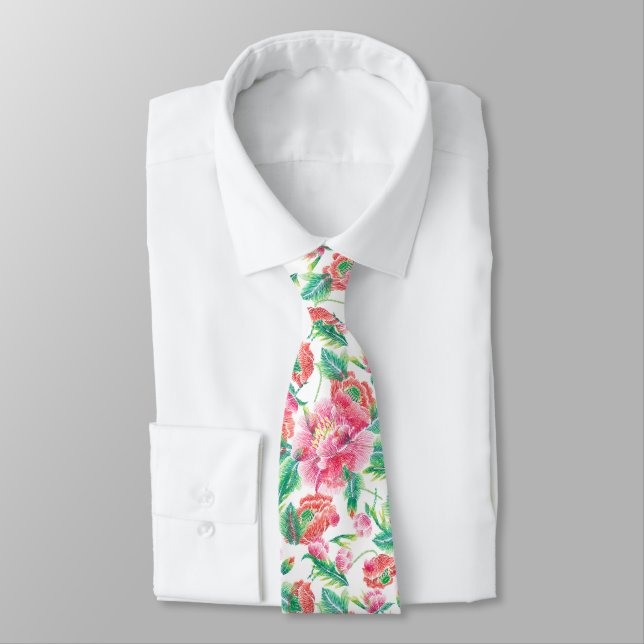 Elegant Bright Girly Pink Flowers Pattern Tie (Tied)