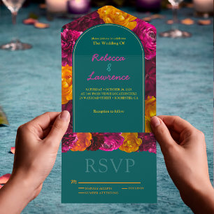 Elegant bright green hot pink floral wedding  all in one invitation