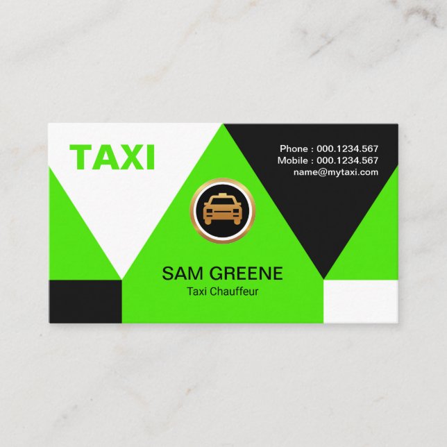 Elegant Bright Green Triangles Arrowhead Taxi Business Card (Front)