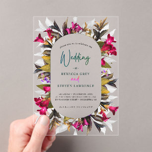 Elegant bright hot pink turquoise floral wedding acrylic invitations