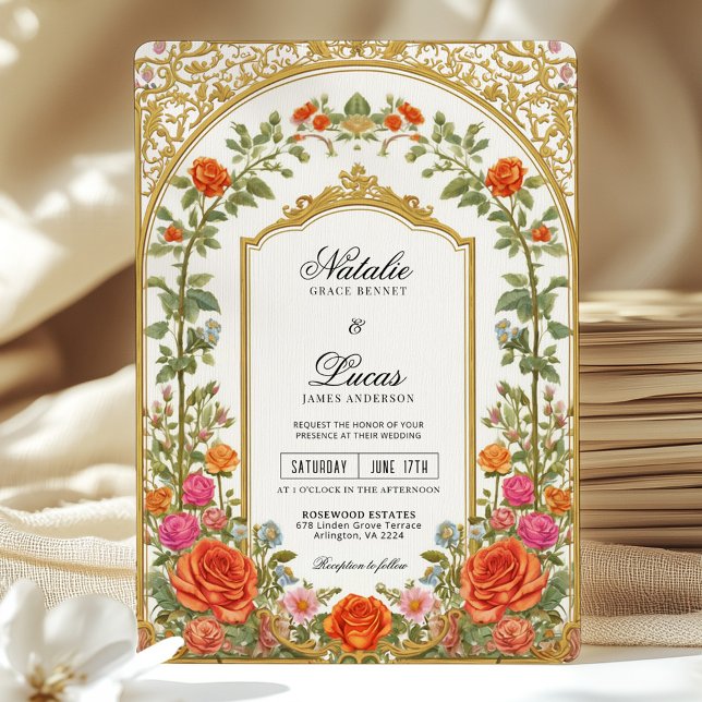 Elegant Bright Orange Pink Floral Baroque Wedding  Invitation (Creator Uploaded)