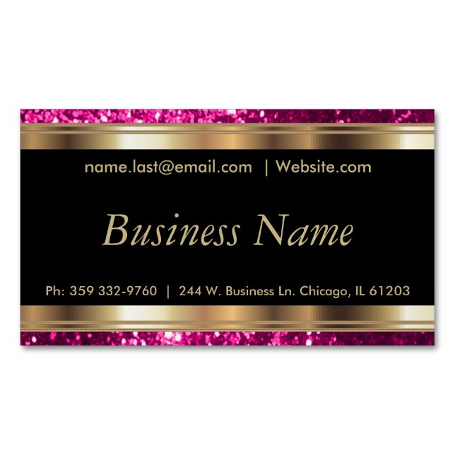 Elegant Bright Pink and Black and Gold Magnetic Business Card (Front)