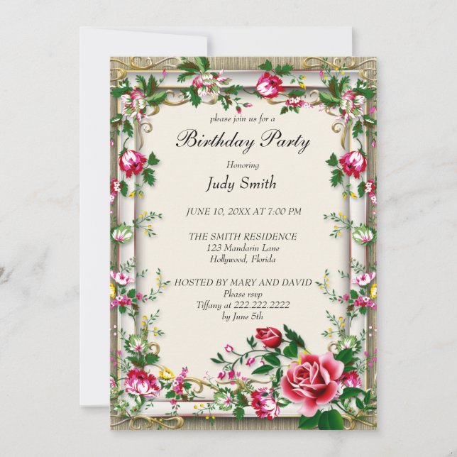 Elegant Bright Pink Floral Birthday Invitation (Front)