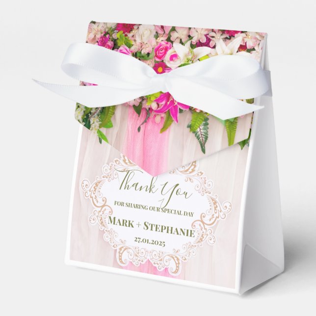 Elegant Bright Pink Floral Wedding Favour Box (Front Side)