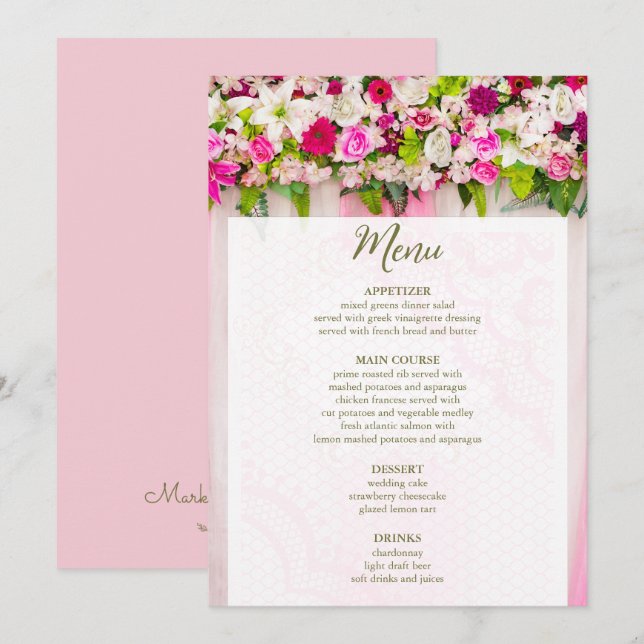 Elegant Bright Pink Floral Wedding Menu (Front/Back)