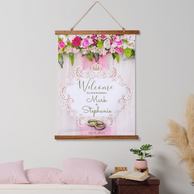 Elegant Bright Pink Floral Wedding Welcome sign Hanging Tapestry (Bedroom)