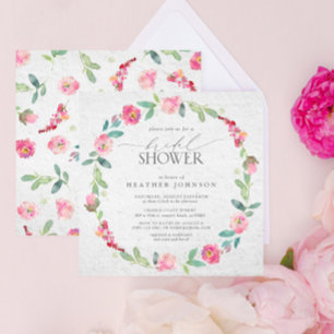 Elegant Bright Pink Floral Wreath Bridal Shower Invitation