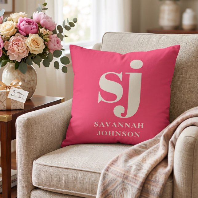 Elegant bright pink monogram initials  cushion (Creator Uploaded)