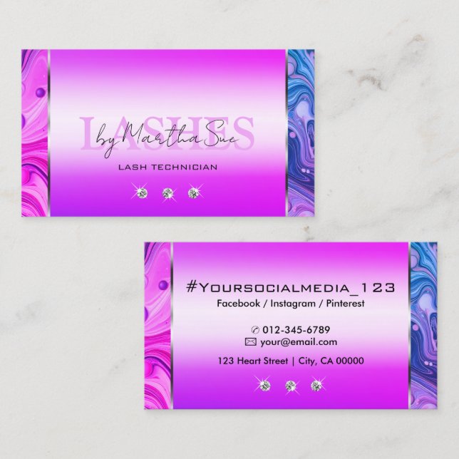 Elegant Bright Pink Purple Marbled with Diamonds Business Card (Front/Back)