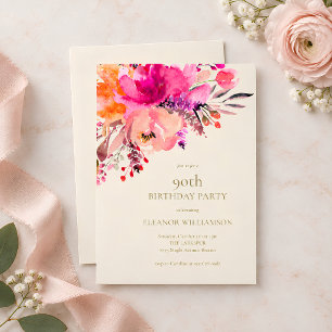 Elegant Bright Pink Watercolor Floral Birthday Invitation